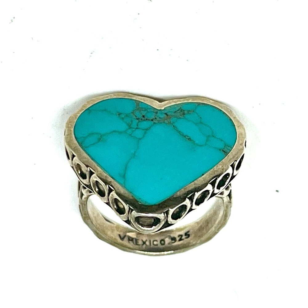 Vintage 925 Silver Turquoise Heart Ring - Picture 6 of 9